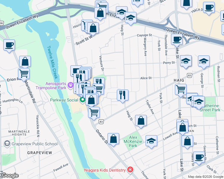 map of restaurants, bars, coffee shops, grocery stores, and more near 46 Chicory Cresent in Saint Catharines