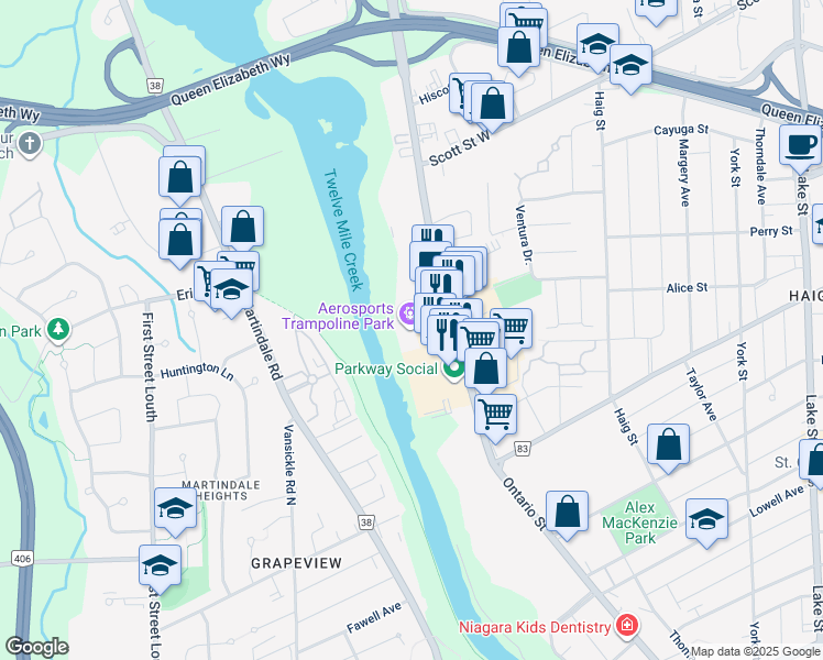 map of restaurants, bars, coffee shops, grocery stores, and more near 335 Ontario Street in St. Catharines