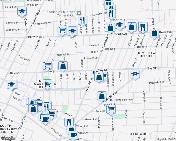map of restaurants, bars, coffee shops, grocery stores, and more near Bay Street & Frances Street in Rochester