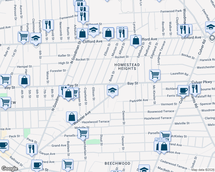 map of restaurants, bars, coffee shops, grocery stores, and more near 770 Bay Street in Rochester