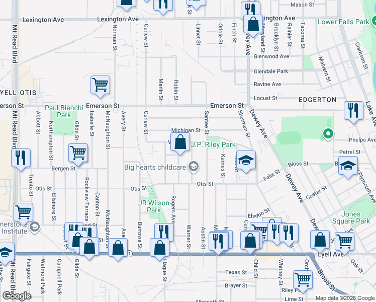 map of restaurants, bars, coffee shops, grocery stores, and more near 49 Villa Street in Rochester