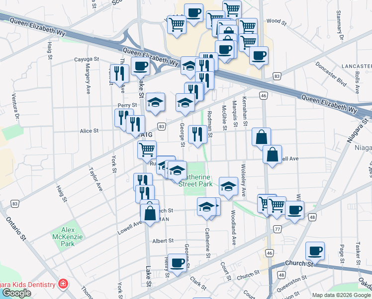 map of restaurants, bars, coffee shops, grocery stores, and more near 112 George Street in St. Catharines