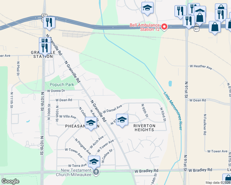 map of restaurants, bars, coffee shops, grocery stores, and more near 8432 North 100th Street in Milwaukee