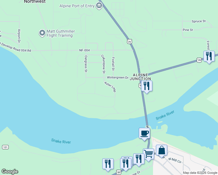 map of restaurants, bars, coffee shops, grocery stores, and more near Aster Loop in Alpine