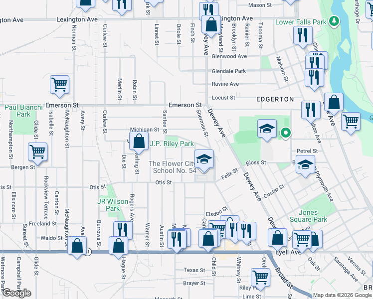 map of restaurants, bars, coffee shops, grocery stores, and more near 12 Willow Street in Rochester
