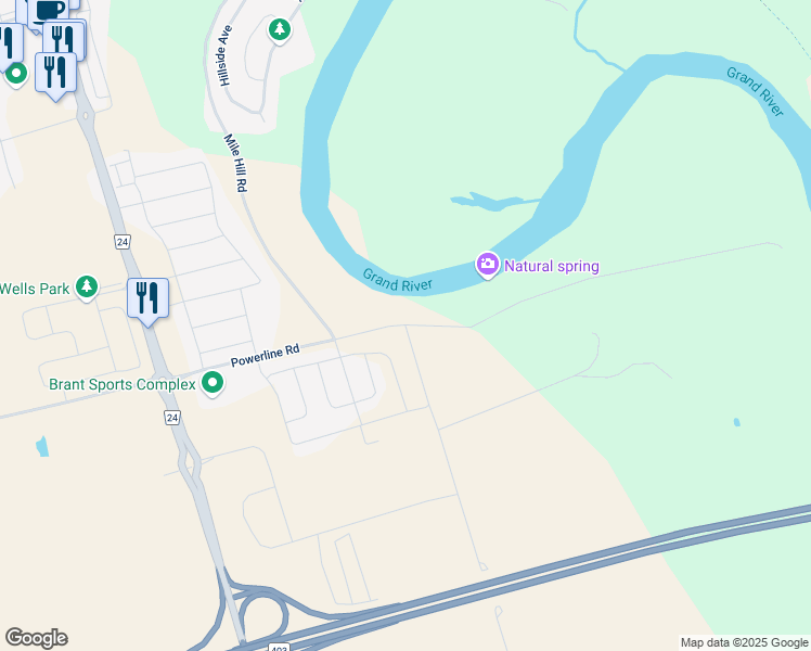 map of restaurants, bars, coffee shops, grocery stores, and more near 283 Pottruff Road in Brant