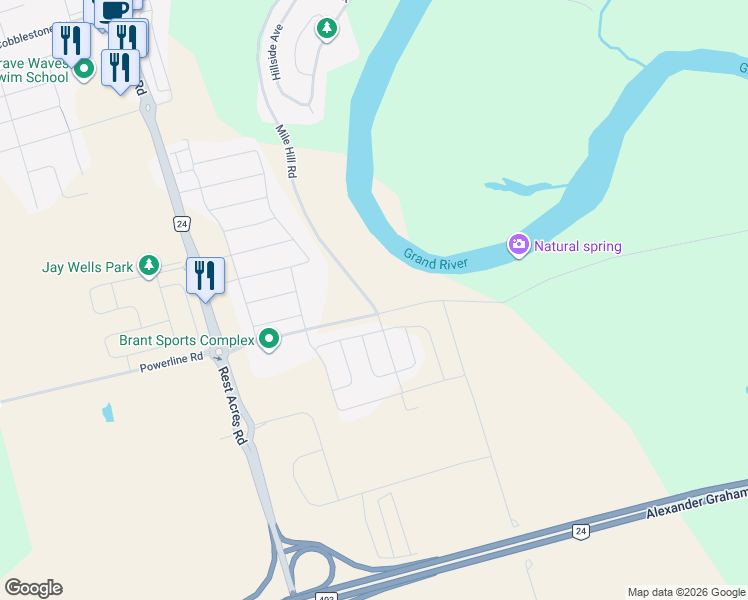 map of restaurants, bars, coffee shops, grocery stores, and more near 266 Mile Hill Road in Brant