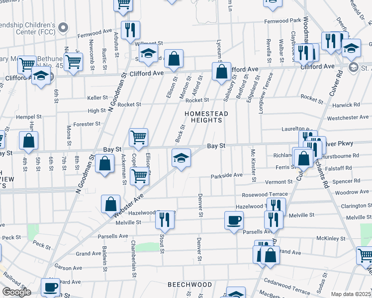 map of restaurants, bars, coffee shops, grocery stores, and more near 839 Bay Street in Rochester