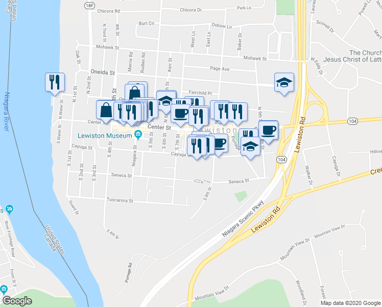 map of restaurants, bars, coffee shops, grocery stores, and more near 736 Cayuga Street in Lewiston