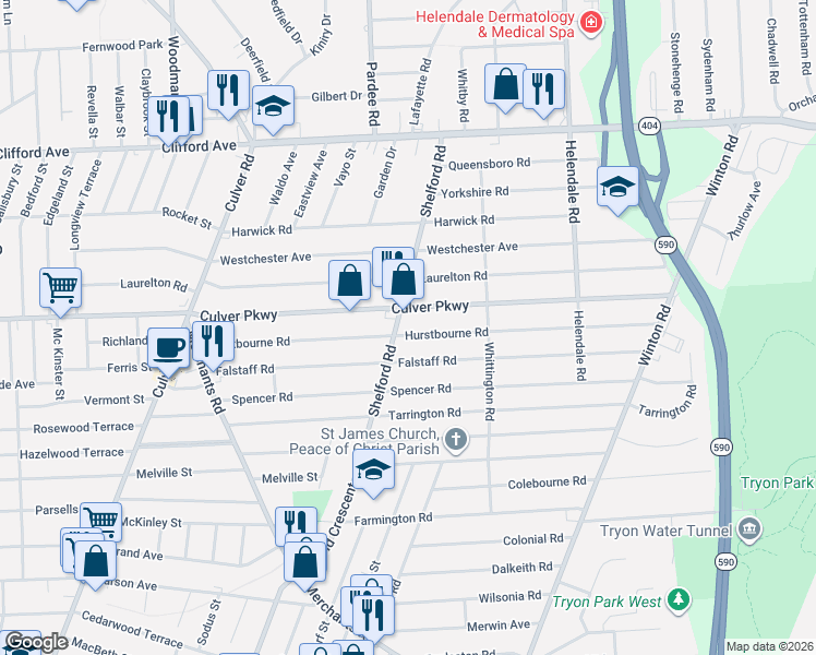 map of restaurants, bars, coffee shops, grocery stores, and more near 295 Culver Parkway in Irondequoit
