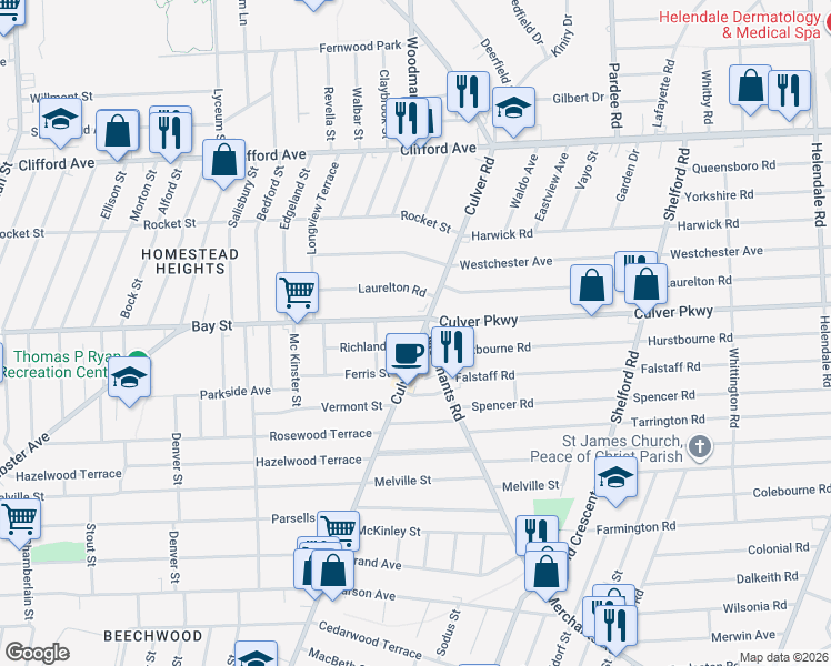 map of restaurants, bars, coffee shops, grocery stores, and more near in Rochester