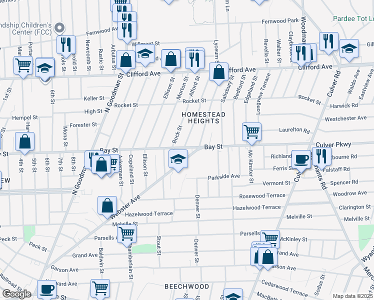 map of restaurants, bars, coffee shops, grocery stores, and more near 832 Bay Street in Rochester