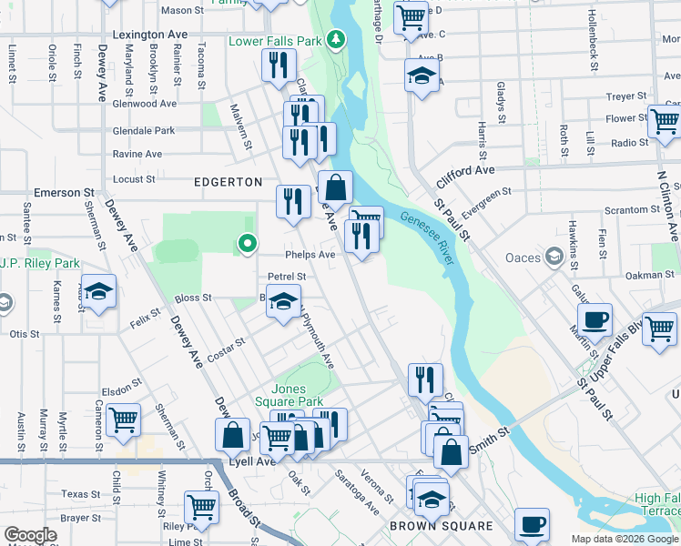 map of restaurants, bars, coffee shops, grocery stores, and more near in Rochester