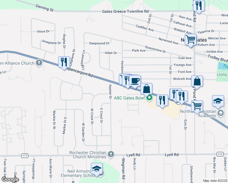 map of restaurants, bars, coffee shops, grocery stores, and more near 63 Appian Drive in Rochester