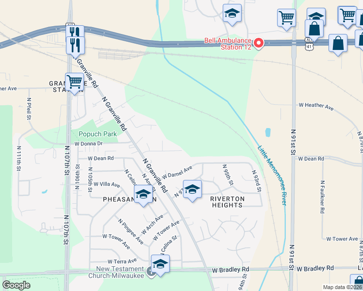 map of restaurants, bars, coffee shops, grocery stores, and more near 8432 North 100th Street in Milwaukee