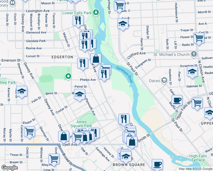 map of restaurants, bars, coffee shops, grocery stores, and more near 358 Lake Avenue in Rochester