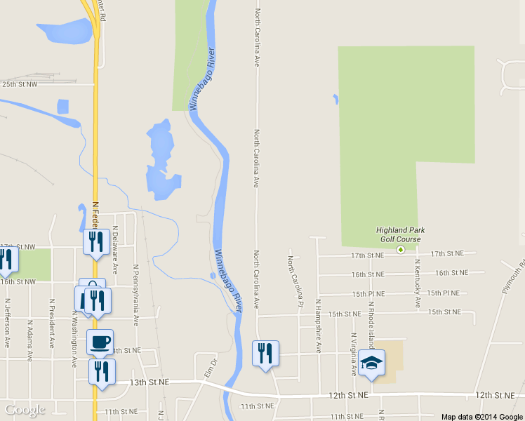 map of restaurants, bars, coffee shops, grocery stores, and more near 1827 North Carolina Avenue in Mason City