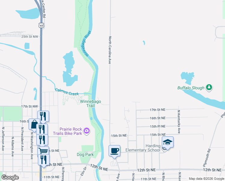 map of restaurants, bars, coffee shops, grocery stores, and more near 1827 North Carolina Avenue in Mason City