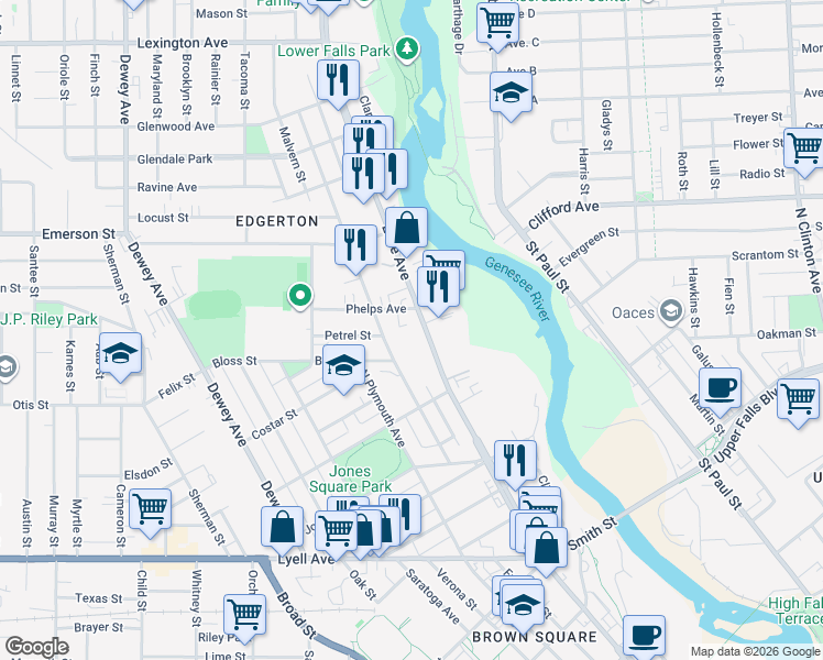 map of restaurants, bars, coffee shops, grocery stores, and more near in Rochester