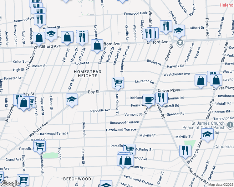 map of restaurants, bars, coffee shops, grocery stores, and more near 104 Mckinster Street in Rochester