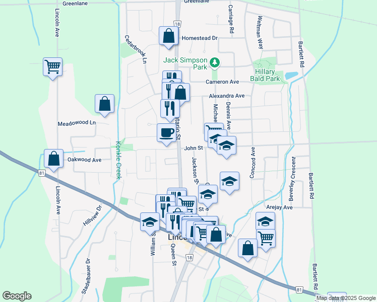 map of restaurants, bars, coffee shops, grocery stores, and more near 4986 John Street in Lincoln