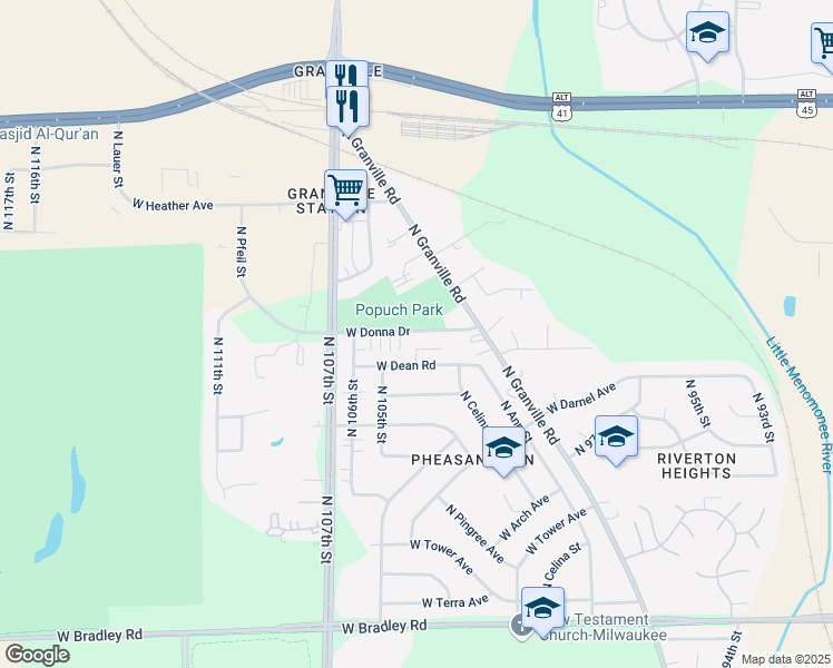map of restaurants, bars, coffee shops, grocery stores, and more near 10417 West Donna Drive in Milwaukee