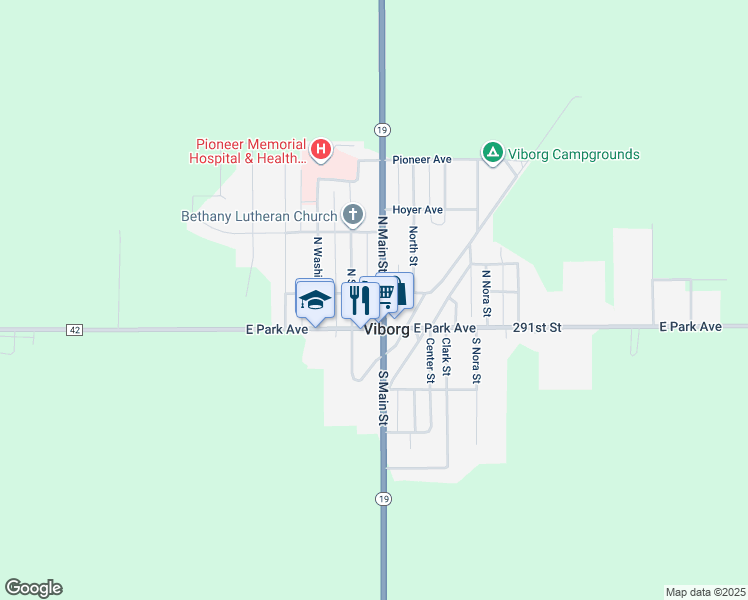 map of restaurants, bars, coffee shops, grocery stores, and more near 119 North Main Street in Viborg