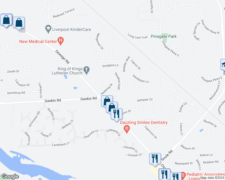map of restaurants, bars, coffee shops, grocery stores, and more near 8265 Warbler Way in Liverpool