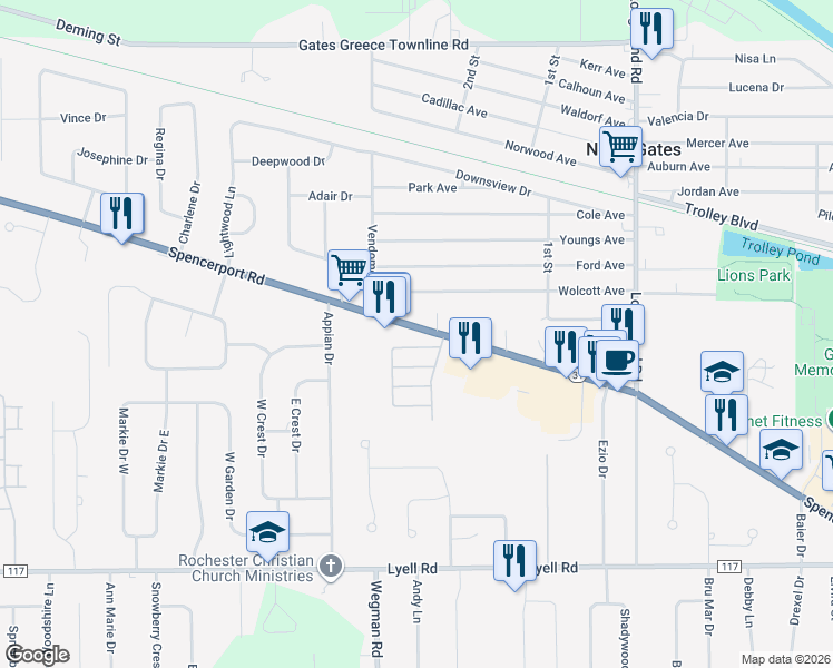 map of restaurants, bars, coffee shops, grocery stores, and more near 777 New York 31 in Rochester