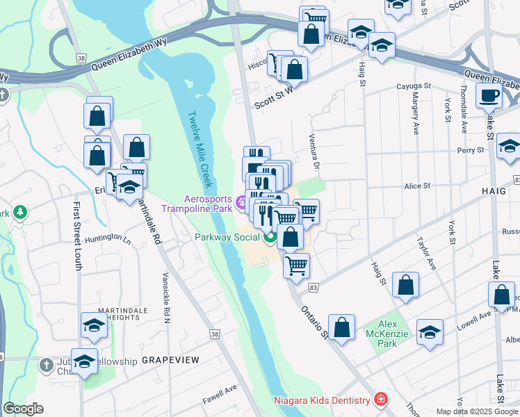 map of restaurants, bars, coffee shops, grocery stores, and more near 333 Ontario Street in St. Catharines