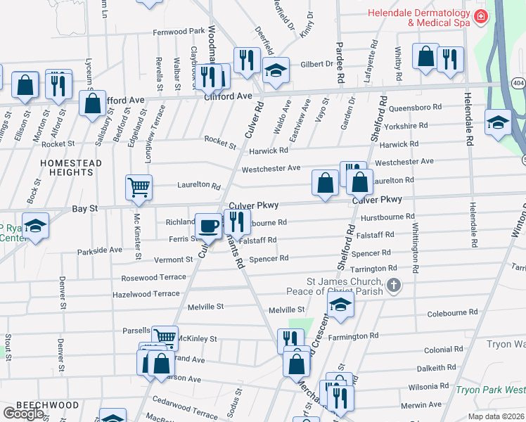 map of restaurants, bars, coffee shops, grocery stores, and more near 82 Culver Parkway in Rochester