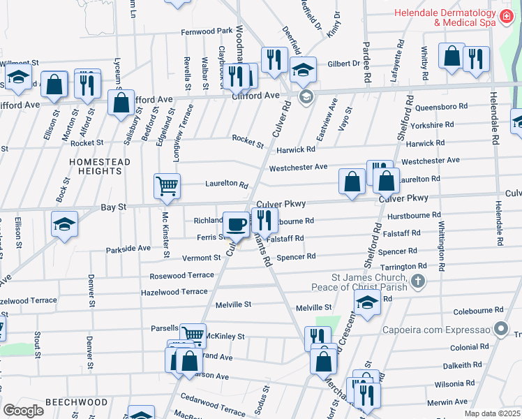 map of restaurants, bars, coffee shops, grocery stores, and more near 26 Culver Parkway in Rochester