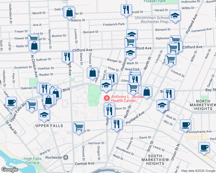 map of restaurants, bars, coffee shops, grocery stores, and more near 20 Edward Street in Rochester