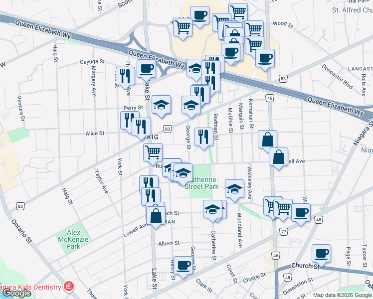 map of restaurants, bars, coffee shops, grocery stores, and more near 119 George Street in Saint Catharines