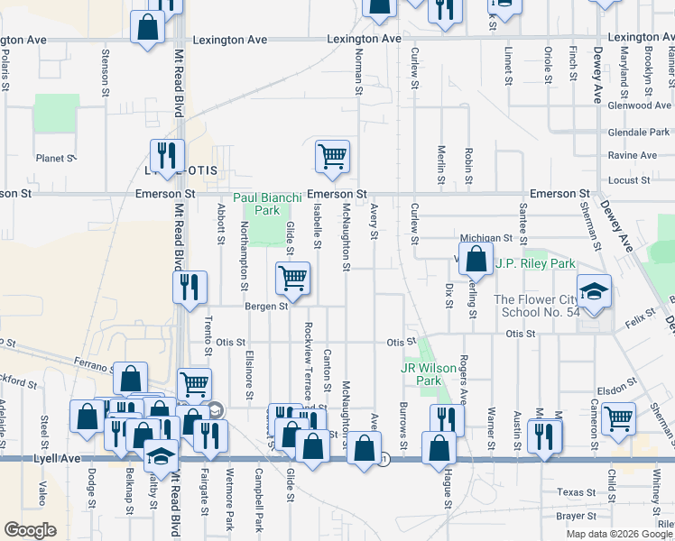 map of restaurants, bars, coffee shops, grocery stores, and more near 325 McNaughton Street in Rochester