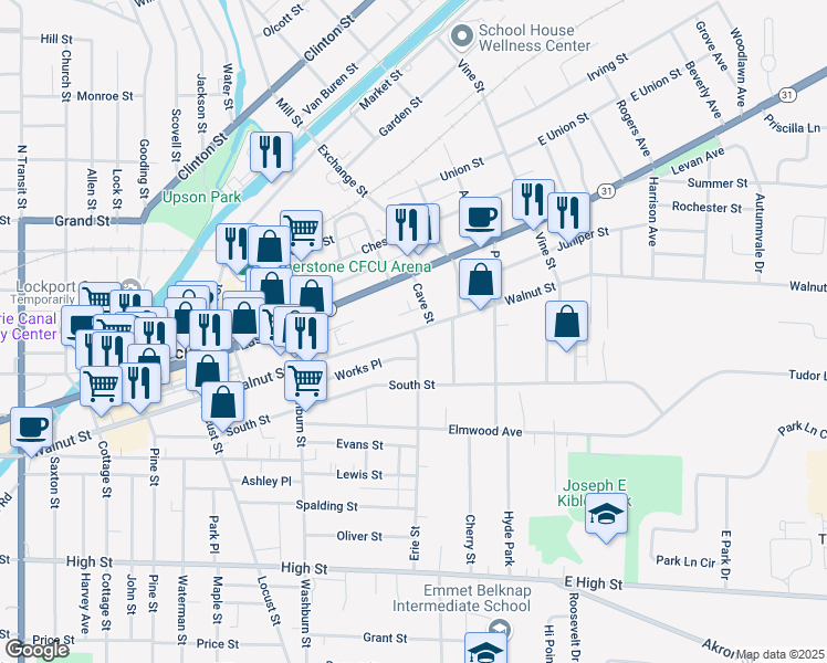 map of restaurants, bars, coffee shops, grocery stores, and more near Walnut Street & Erie Street in Lockport