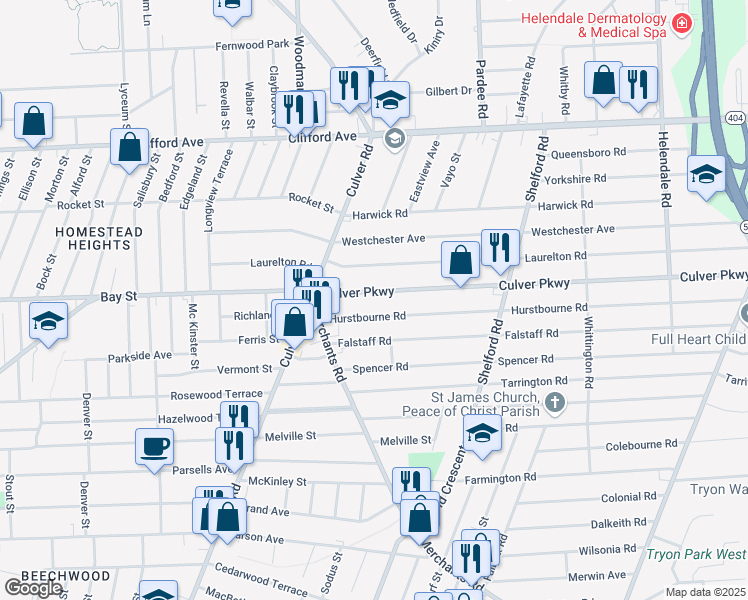 map of restaurants, bars, coffee shops, grocery stores, and more near 91 Culver Parkway in Rochester