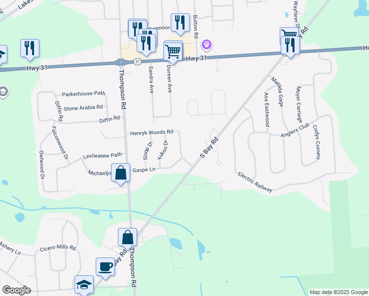 map of restaurants, bars, coffee shops, grocery stores, and more near 6305 South Bay Road in Cicero