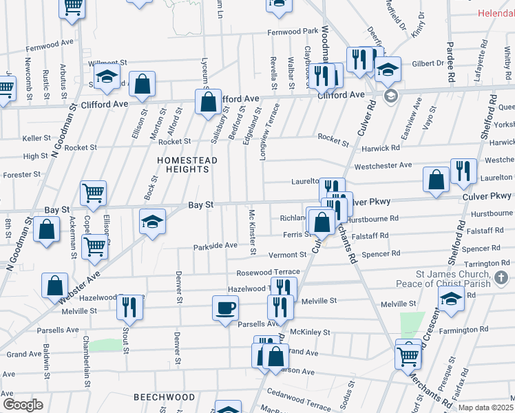 map of restaurants, bars, coffee shops, grocery stores, and more near 1061 Bay Street in Rochester
