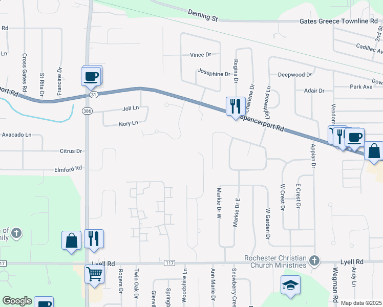 map of restaurants, bars, coffee shops, grocery stores, and more near 101 Atwood Drive in Rochester