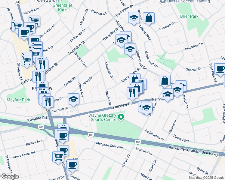 map of restaurants, bars, coffee shops, grocery stores, and more near 33 Harvard Avenue in Brantford