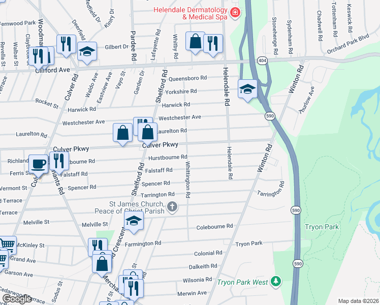 map of restaurants, bars, coffee shops, grocery stores, and more near 405 Culver Parkway in Rochester