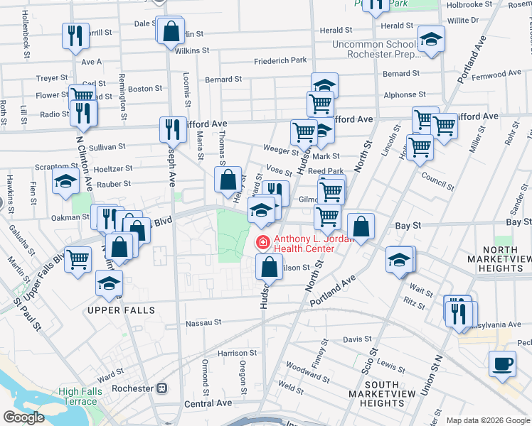 map of restaurants, bars, coffee shops, grocery stores, and more near 20 Edward Street in Rochester