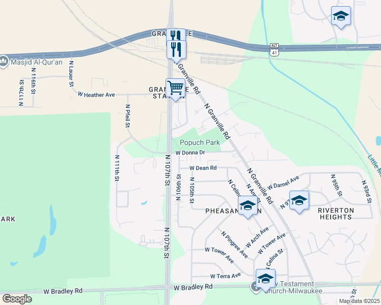 map of restaurants, bars, coffee shops, grocery stores, and more near 10525 West Donna Drive in Milwaukee