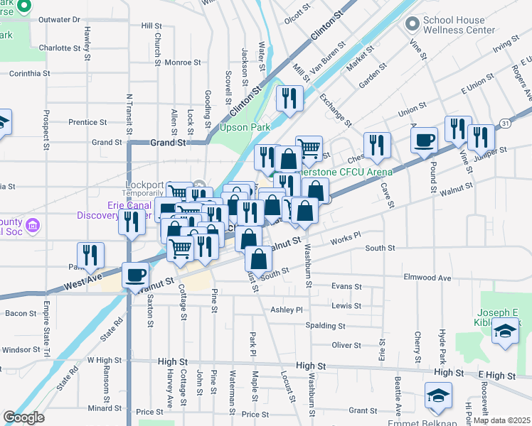 map of restaurants, bars, coffee shops, grocery stores, and more near 37 Chestnut Street in Lockport