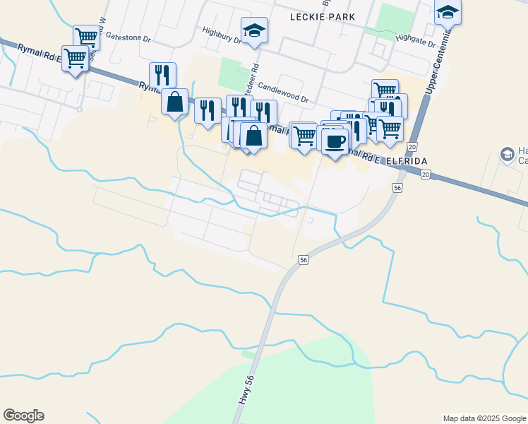 map of restaurants, bars, coffee shops, grocery stores, and more near 2 Laguna Village Crescent in Hamilton