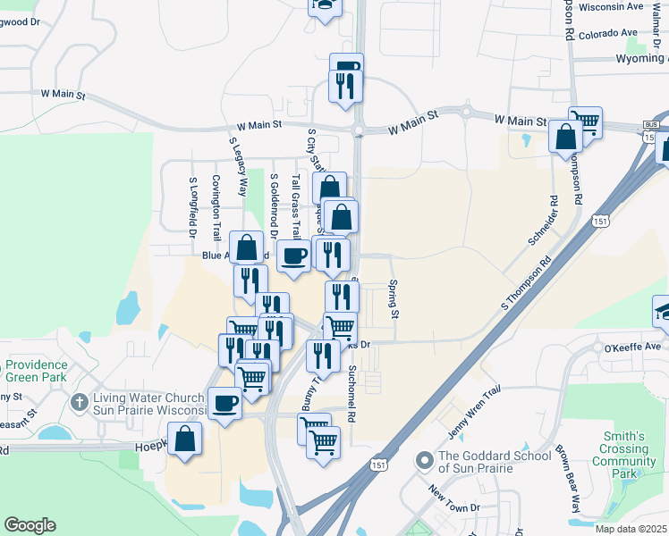 map of restaurants, bars, coffee shops, grocery stores, and more near 658 South Grand Avenue in Sun Prairie