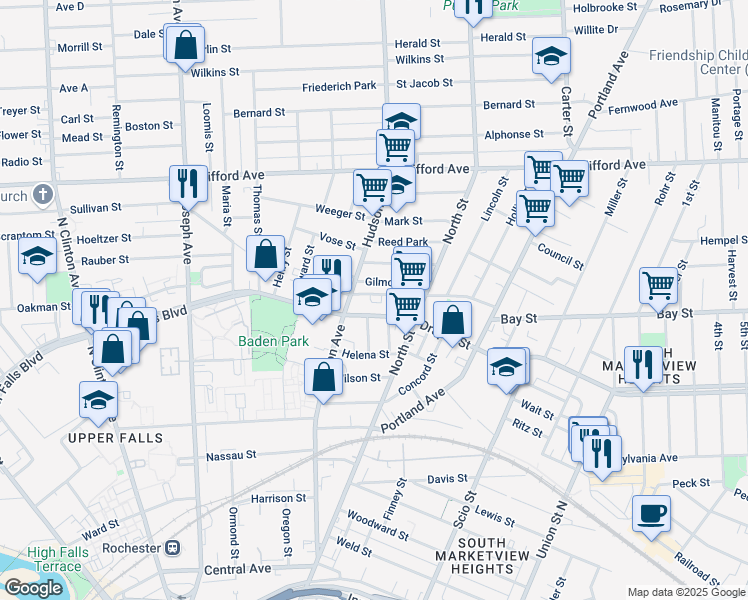 map of restaurants, bars, coffee shops, grocery stores, and more near 111 Merrimac Street in Rochester