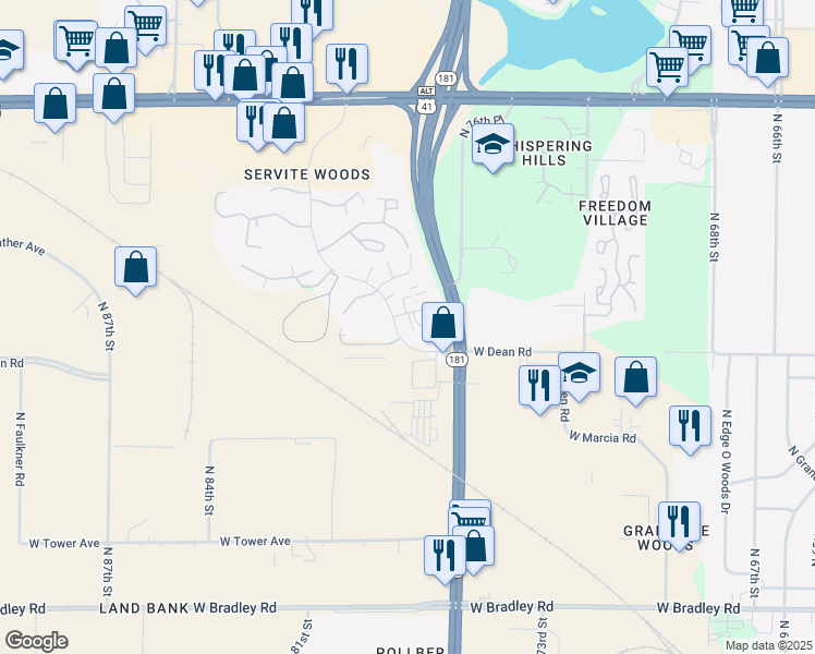 map of restaurants, bars, coffee shops, grocery stores, and more near 8424 North Servite Drive in Milwaukee