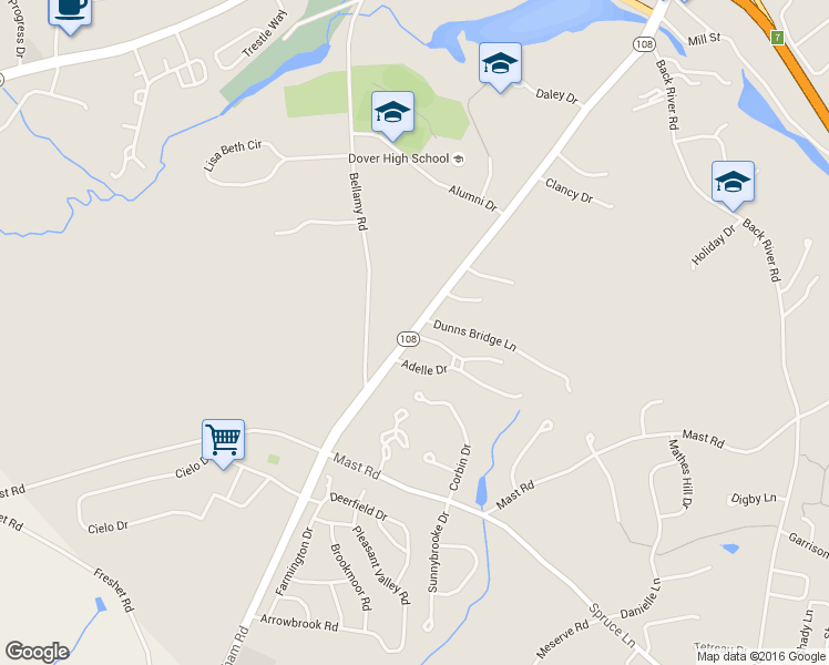 map of restaurants, bars, coffee shops, grocery stores, and more near 120 Durham Road in Dover